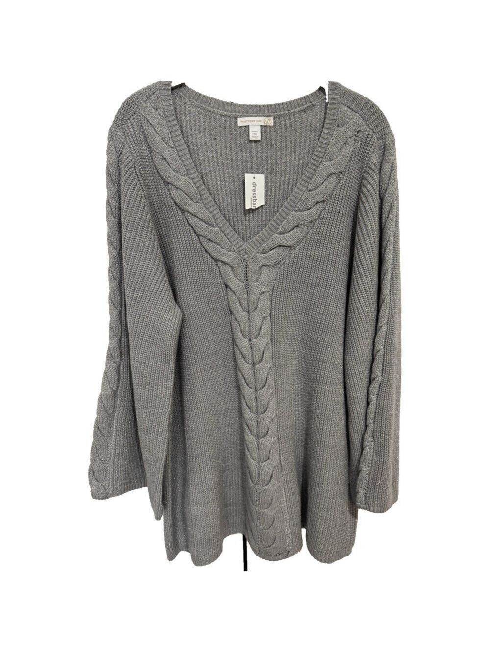 NEW Dressbarn Silver Shimmer V Neck Thick Cable Knit Sweater Plus Size 3X